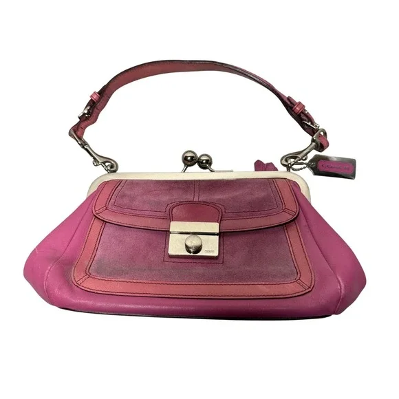 Vintage Rare Coach 9734 Pink Suede Kisslock Baguette Bag Silver Hardware Y2K